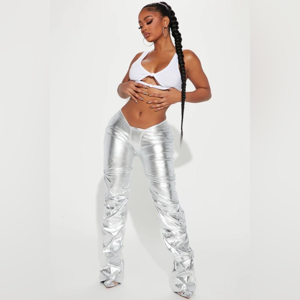 NWT. Fashion Nova Metallic Silver Faux Leather Stacked Pants